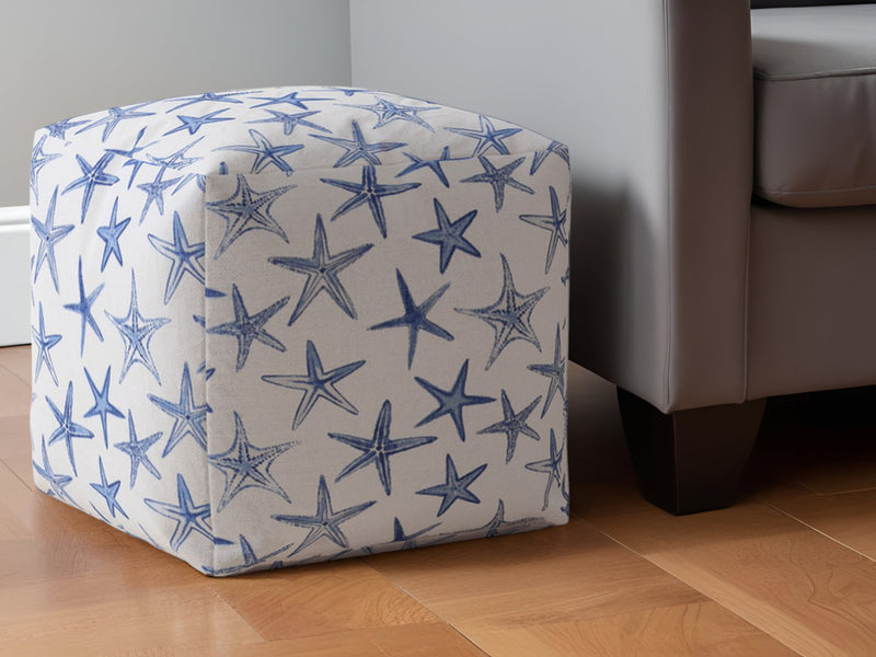 Home Outfitters 17" Blue and White Canvas Stars Pouf Ottoman