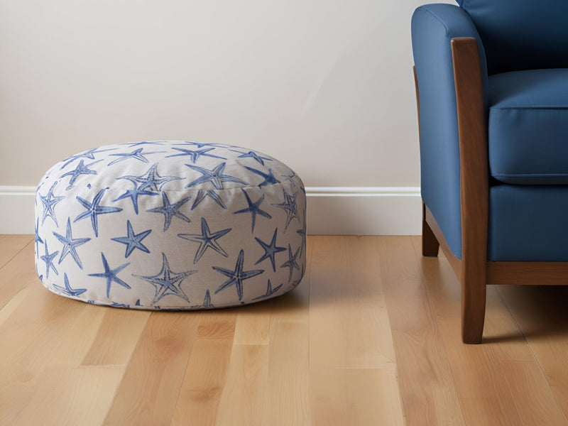 Home Outfitters 24" Blue and White Canvas Round Abstract Pouf Ottoman