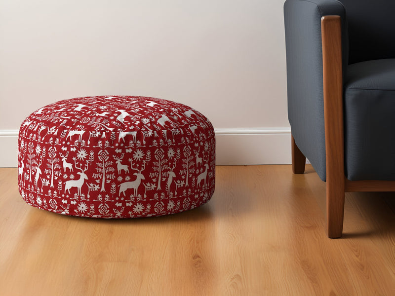 Home Outfitters 24" Red and White Cotton Round Stag Pouf Ottoman