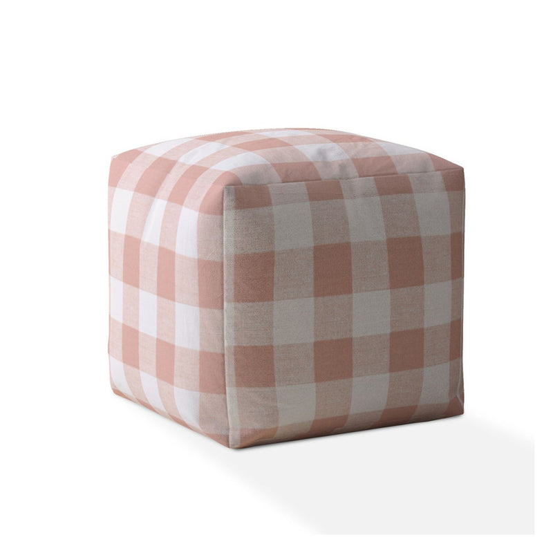 Home Outfitters 17" Pink And White Cotton Gingham Pouf Cover