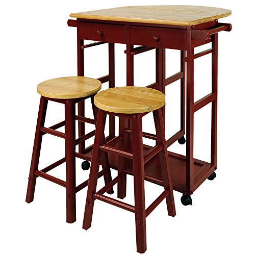 Casual Home Drop Leaf Breakfast Cart with 2 Stools-Red