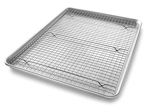 USA Pan 1607CR Bakeware Extra Large Sheet Baking Pan and Bakeable Nonstick Cooling Rack Set, XL, Metal & Bakeware Half Sheet Pan, Set of 2, Aluminized Steel