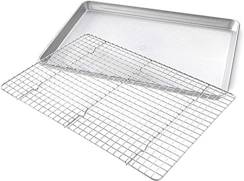 USA Pan 1607CR Bakeware Extra Large Sheet Baking Pan and Bakeable Nonstick Cooling Rack Set, XL, Metal & Bakeware Half Sheet Pan, Set of 2, Aluminized Steel