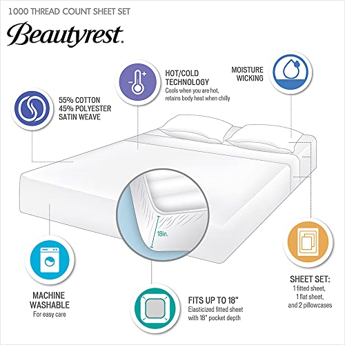 Beautyrest 1000 Thread Count, Solid Color Sheet Set, Elastic Deep Pocket, All Season, Breathable, HeiQ Smart Temperature, Soft Cotton Blend Bedding, Matching Pillowcase, King White 4 Piece
