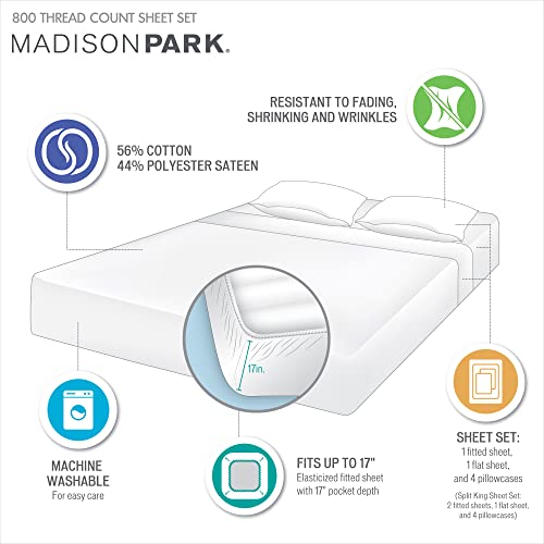 Madison Park 800 Thread Count Luxurious Wrinkle Free Breathable Cotton Rich Sateen 6 Piece Sheet Set, Cal King Size, Aqua