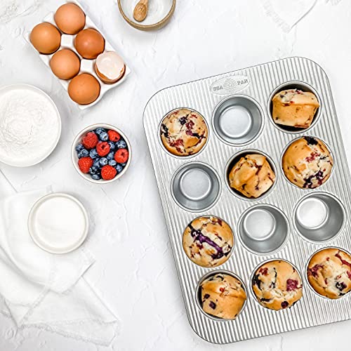 USA Pan Bakeware Aluminized Steel 6 Pieces Set, Cookie Sheet, Half Sheet, Loaf Pan, Rectangular Pan, Square Cake Pan, 12 Cup Muffin Pan & Nonstick Standard Bread Loaf Pan, 1 Pound, Aluminized Steel