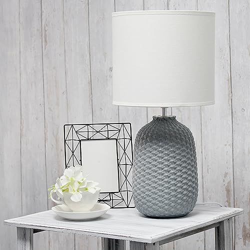 Simple Designs LT1135-GRY 20.4" Tall Traditional Ceramic Purled Texture Bedside Table Desk Lamp w White Fabric Drum Shade for Home Decor, Bedroom, Living Room, Entryway, Office, Gray