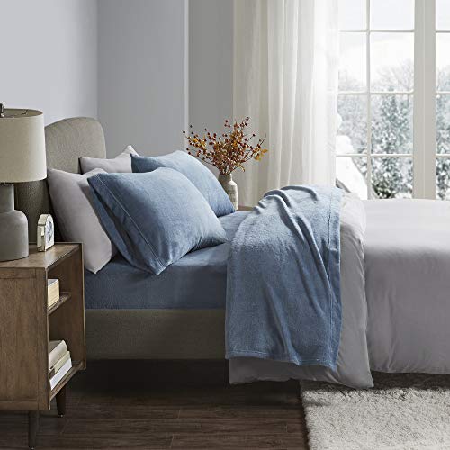 Sleep Philosophy True North Soloft Plush Bed Sheet Set, Wrinkle Resistant, Warm, Soft Fleece Sheets with 14" Deep Pocket Cold Season Cozy Bedding-Set, Matching Pillow Case, King, Blue, 4 Piece