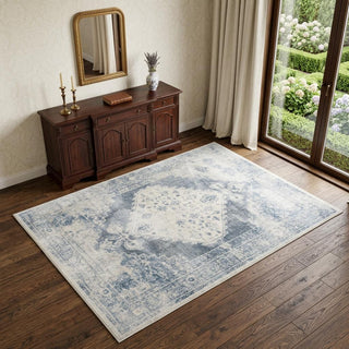 Home Outfitters 4' X 6' Blue Oriental Power Loom Distressed Washable Area Rug