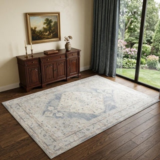 Home Outfitters 4' X 6' Light Blue Oriental Power Loom Distressed Washable Area Rug