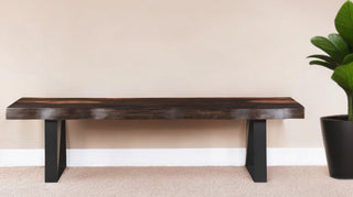 68" Dark Brown and Black Solid Wood Dining Bench