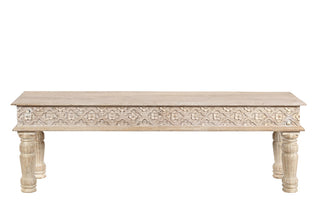58" White Distressed and Carved Solid Wood Dining Bench