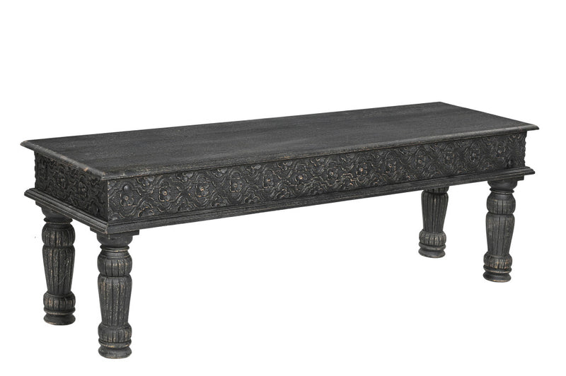 Home Outfitters 58" Black Distressed and Carved Solid Wood Dining Bench