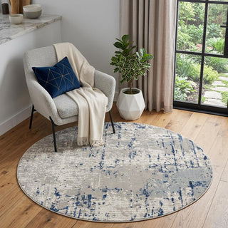 Home Outfitters 4' Blue and Gray Round Abstract Power Loom Area Rug