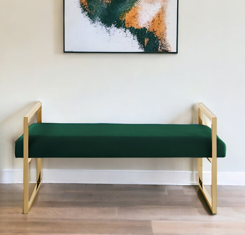 Home Outfitters 48" Hunter Green and Gold Upholstered Velvet Bench