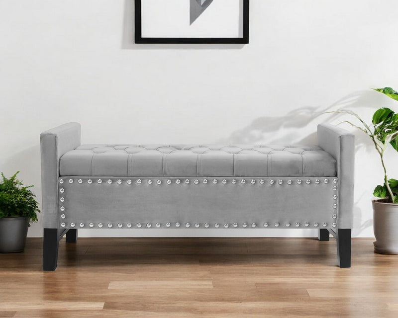 Home Outfitters 50" Light Gray and Black Upholstered Velvet Bench with Flip top