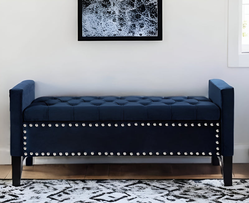 Home Outfitters 50" Navy Blue and Black Upholstered Velvet Bench with Flip top