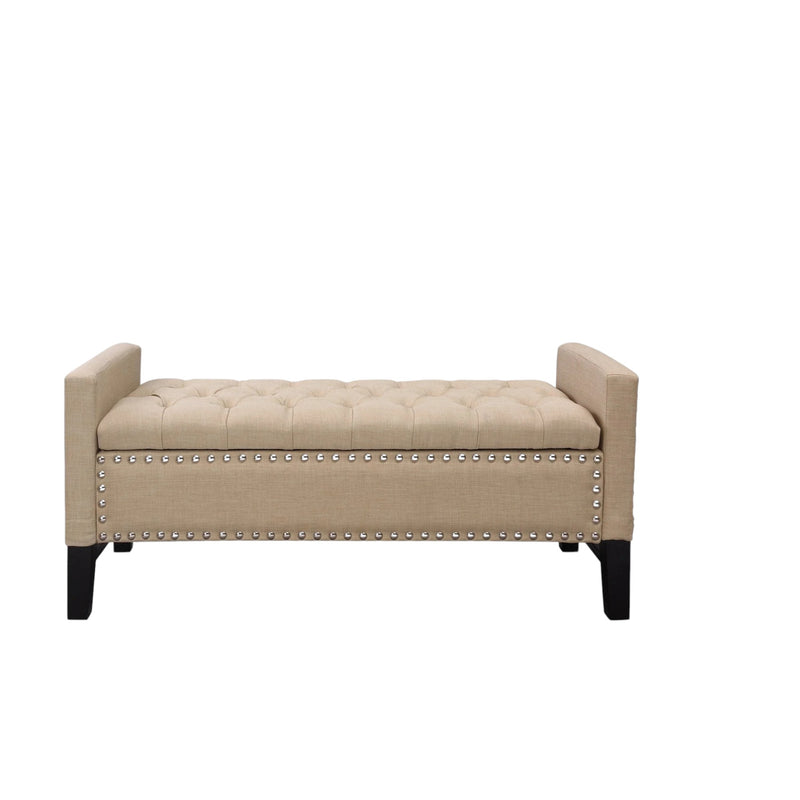 Home Outfitters 50" Beige and Black Upholstered Linen Bench with Flip top