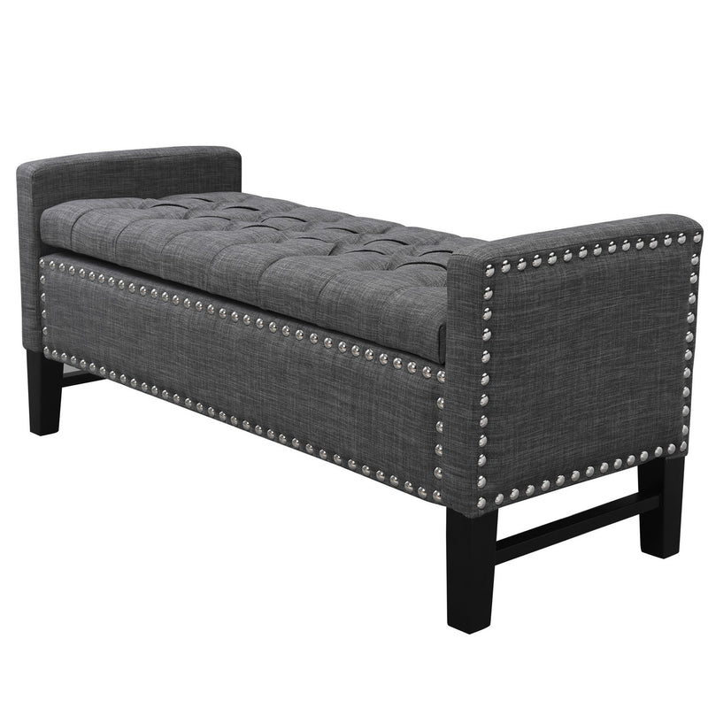 Home Outfitters 50" Dark Slate Gray and Black Upholstered Linen Bench with Flip top, Shoe Storage