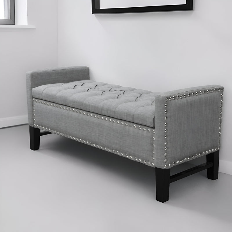 Home Outfitters 50" Light Gray and Black Upholstered Linen Bench with Flip top