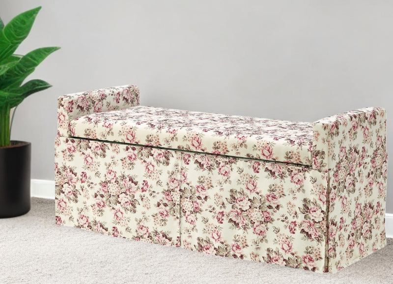 Home Outfitters 20" White and Red Upholstered Linen Floral Storage Bench with Shoe Storage