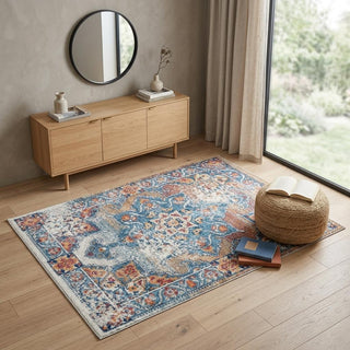 Home Outfitters 4' X 6' Blue Red and Orange Medallion Power Loom Area Rug
