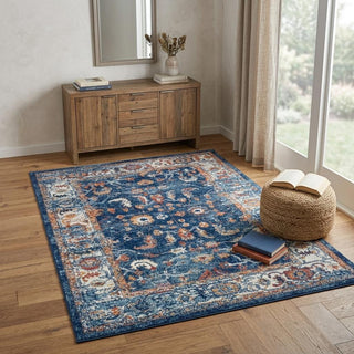 Home Outfitters 4' X 6' Blue Rust and Orange Floral Power Loom Area Rug