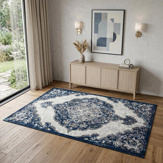 Home Outfitters 4' X 6' Navy and Ivory Medallion Power Loom Area Rug