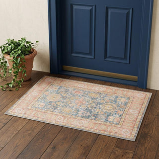 Home Outfitters 2' X 3' Coral and Blue Oriental Power Loom Worn Faded Area Rug