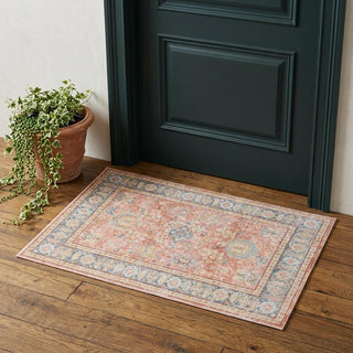 Home Outfitters 2' X 3' Coral and Blue Oriental Power Loom Worn Faded Area Rug