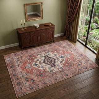 Home Outfitters 4' X 6' Blue and Red Oriental Power Loom Distressed Washable Non Skid Area Rug
