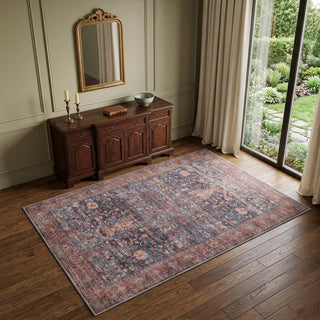 Home Outfitters 4' X 6' Blue and Red Oriental Power Loom Distressed Washable Non Skid Area Rug