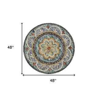Home Outfitters 4' Blue Round Wool Floral Hand Tufted Area Rug