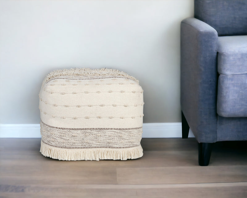 Home Outfitters 18" Cream Cotton Striped Pouf Ottoman