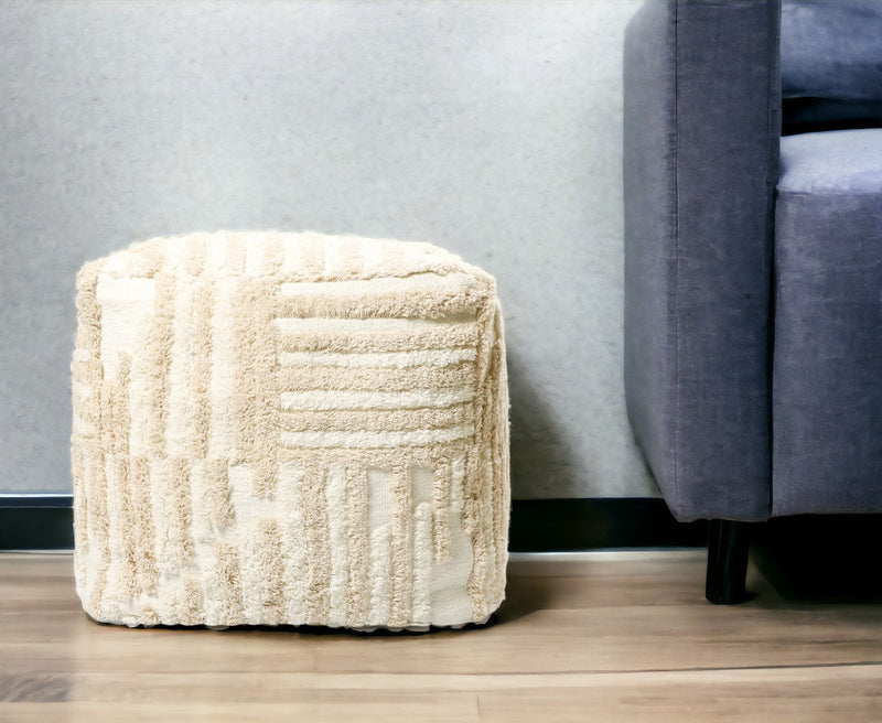 Home Outfitters 18" Beige Cotton Cube Striped Pouf Ottoman