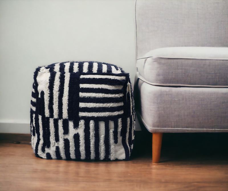 Home Outfitters 18" Blue Cotton Cube Striped Pouf Ottoman