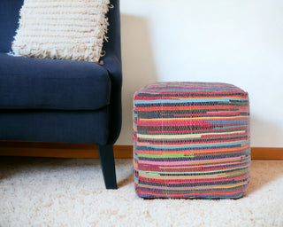 Home Outfitters 18" Red Cotton Cube Striped Pouf Ottoman