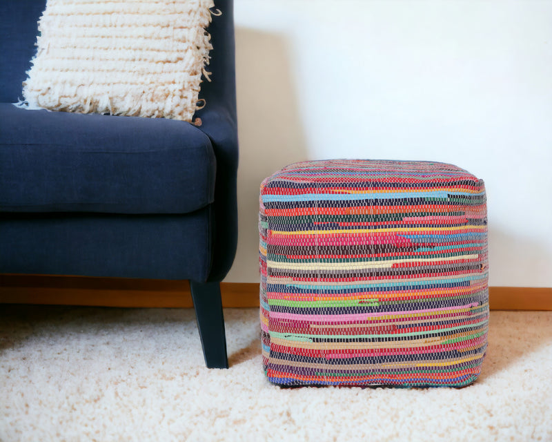 Home Outfitters 18" Red Cotton Cube Striped Pouf Ottoman