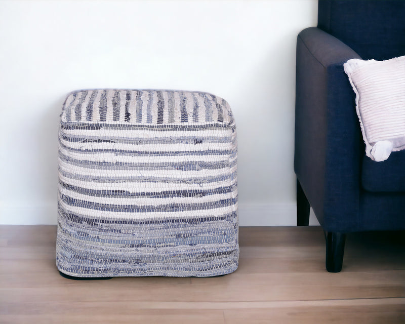 Home Outfitters 18" Blue Cotton Cube Striped Pouf Ottoman