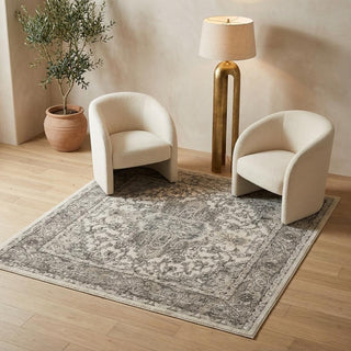 Home Outfitters 4' Gray and Ivory Square Medallion Power Loom Distressed Area Rug