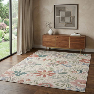 Home Outfitters 4' X 6' Gray and Pink Floral Power Loom Washable Non Skid Area Rug