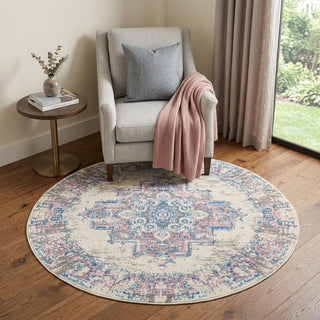 Home Outfitters 4' Ivory Pink And Blue Medallion Distressed Round Rug