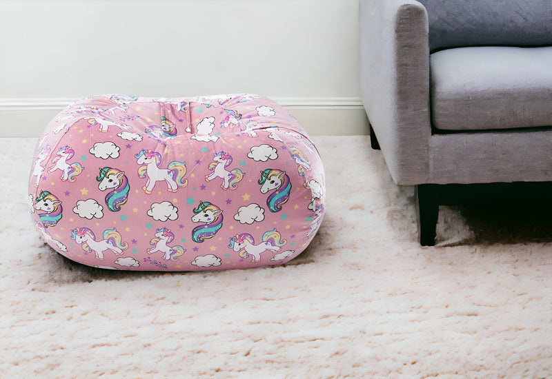 Home Outfitters 32" Pink and White Microfiber Round Unicorn Pouf Cover