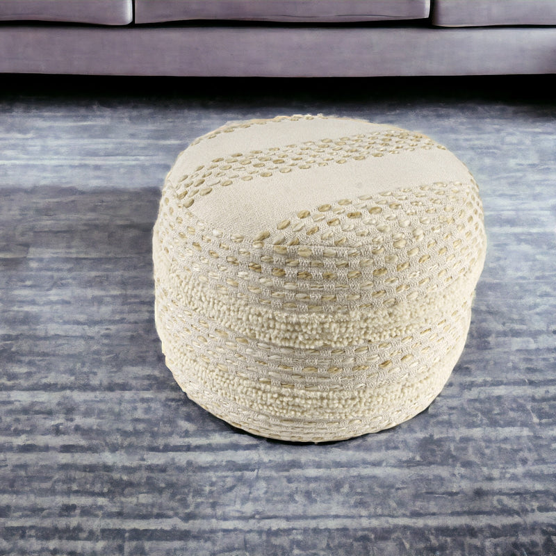 Home Outfitters 18" Natural and Ivory Cotton Blend Round Striped Pouf Ottoman