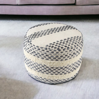 Home Outfitters 18" Ivory and Blue Cotton Blend Round Striped Pouf Ottoman