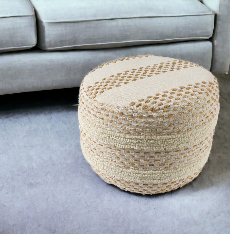 Home Outfitters 18" Ivory and Brown Cotton Blend Round Striped Pouf Ottoman