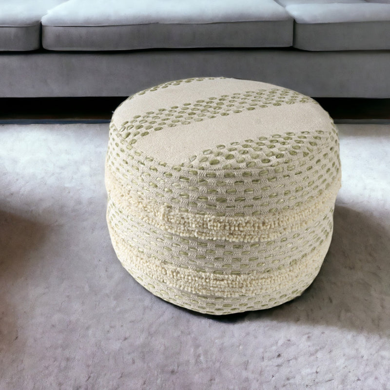 Home Outfitters 18" Ivory and Green Cotton Blend Round Striped Pouf Ottoman