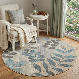 Home Outfitters 4' Ivory Gray And Blue Botanical Leaves Round Rug