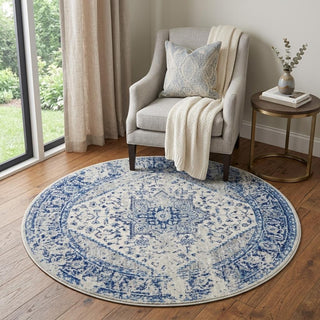 Home Outfitters 4' Ivory And Light Blue Floral Medallion Distressed Round Rug