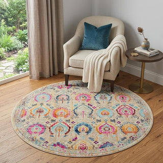 Home Outfitters 4' Ivory Pink And Orange Floral Distressed Round Rug
